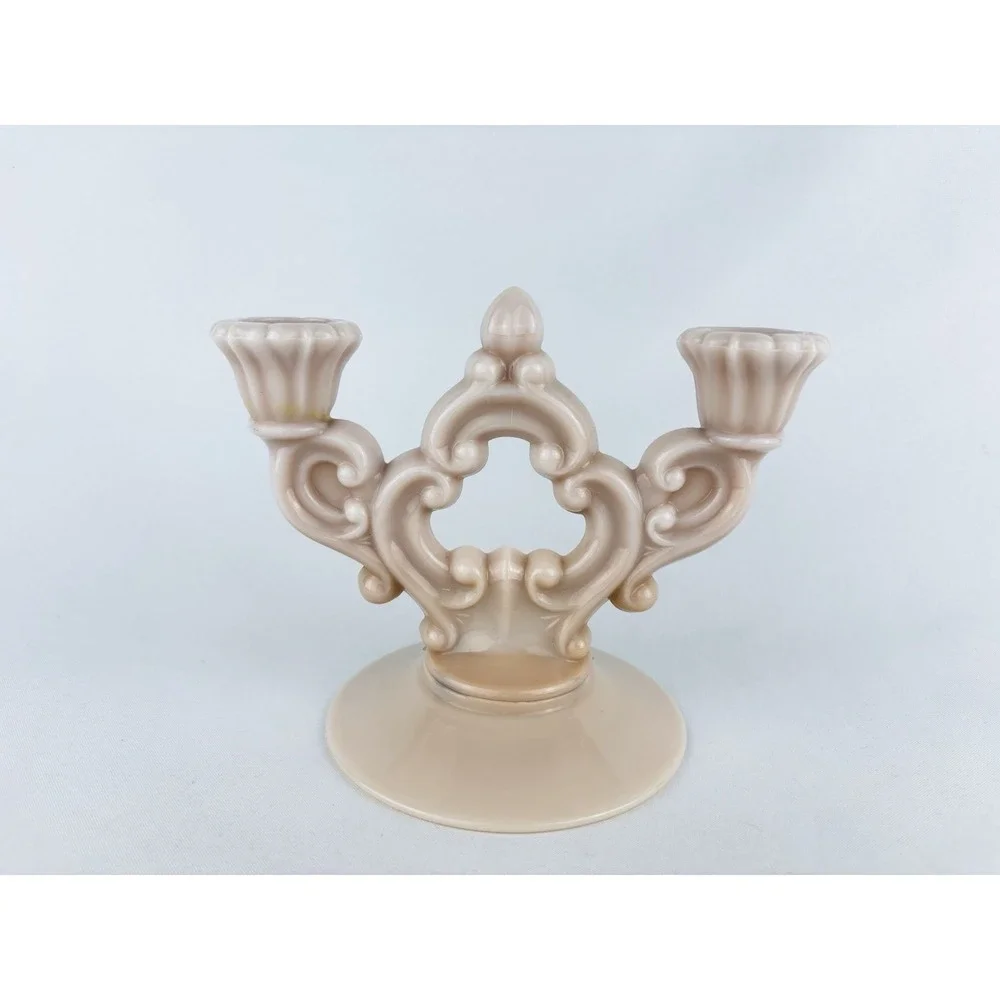Vintage Cambridge Pink Milk Glass Crown Tuscan Rosepoint Double Candlestick